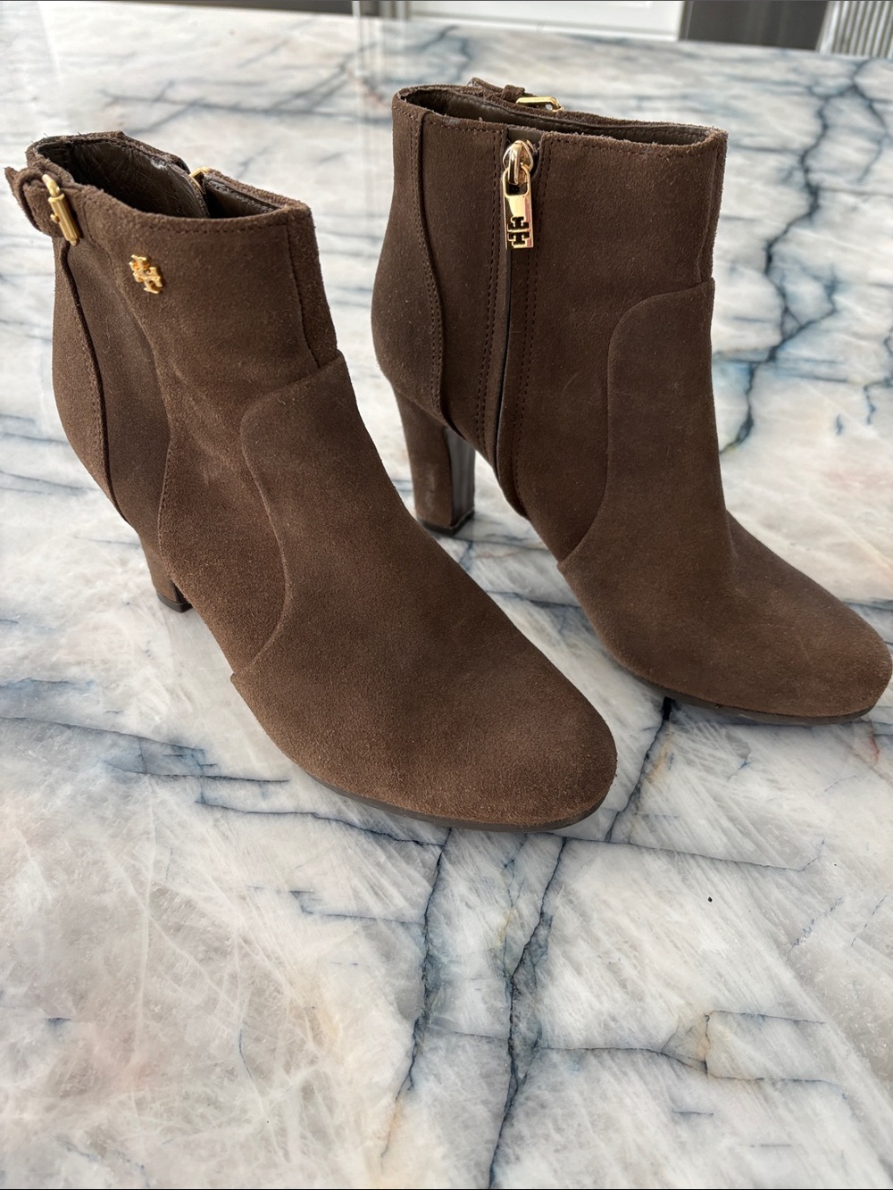 Tory Burch Brown Suede Ankle Booties with Gold Hardware